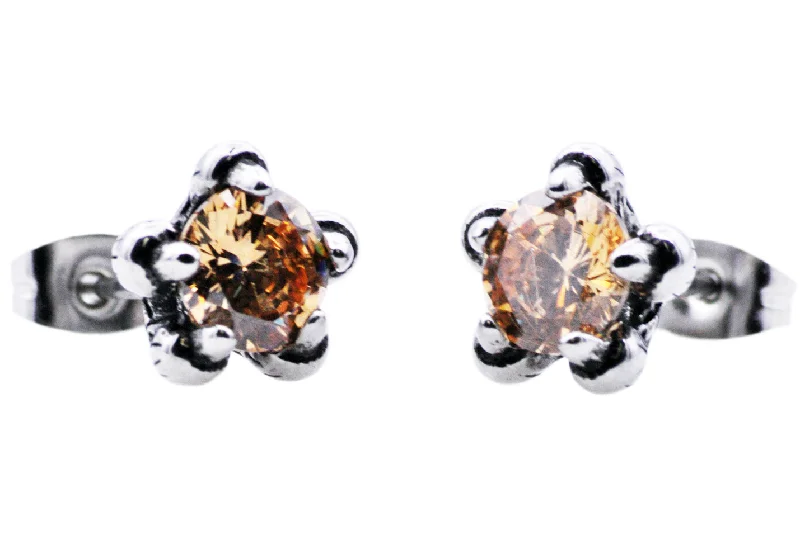 Ladies butterfly stud earrings-Men's 10mm Stainless Steel Champagne Cubic Zirconia Claw Stud Earrings