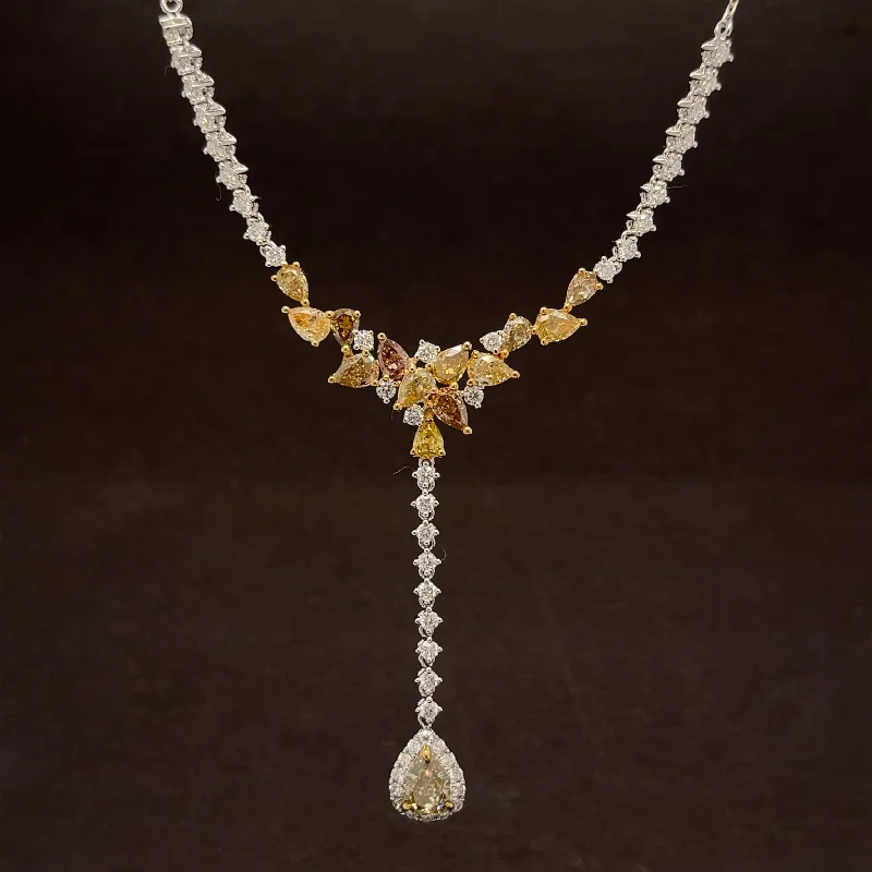 Ladies elegant necklaces-Diamond Wreath Pear Drop Tennis Chain Y-Necklace in 18k Two-Tone Gold - #477 - NLDIA068860