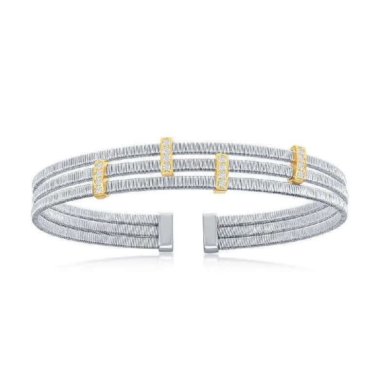 Ladies minimalist bracelets-Sterling Silver Bonded with 14K GP CZ Bars Triple Wire Bangle