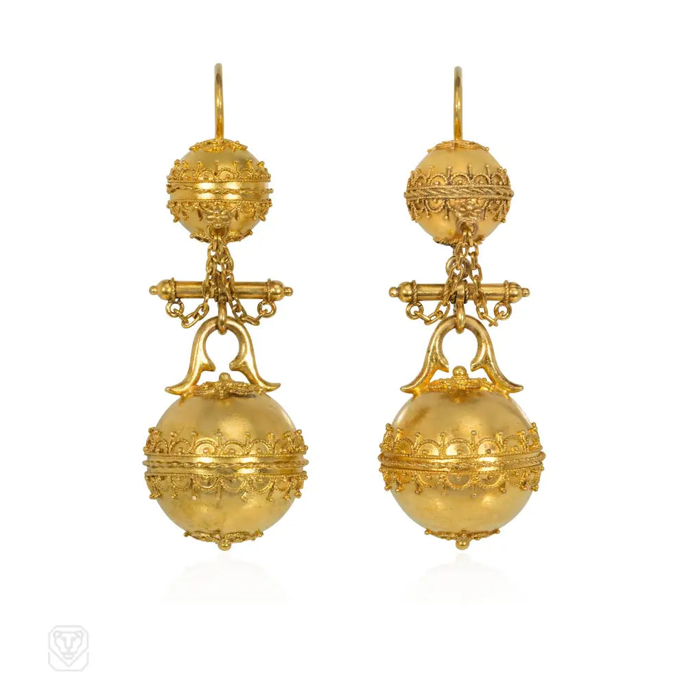 Ladies birthstone stud earrings-Victorian Etruscan revival gold bead earrings