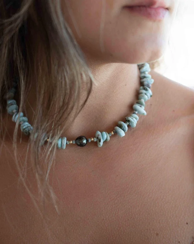 Ladies three-stone necklaces-Larimar & Tahitian Pearl Choker ~ Sterling Silver 925 or Gold Filled~ Choker ~ MN065