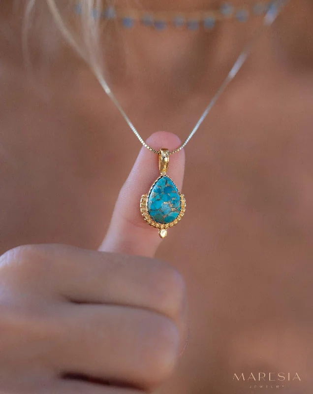 Ladies blue gemstone necklaces-Copper Turquoise Pendant ~ Gold Plated over Sterling Silver ~ MN143