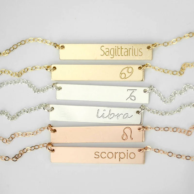 Ladies gold heart necklaces-Astrological Sign Bar Necklace, Zodiac Collection