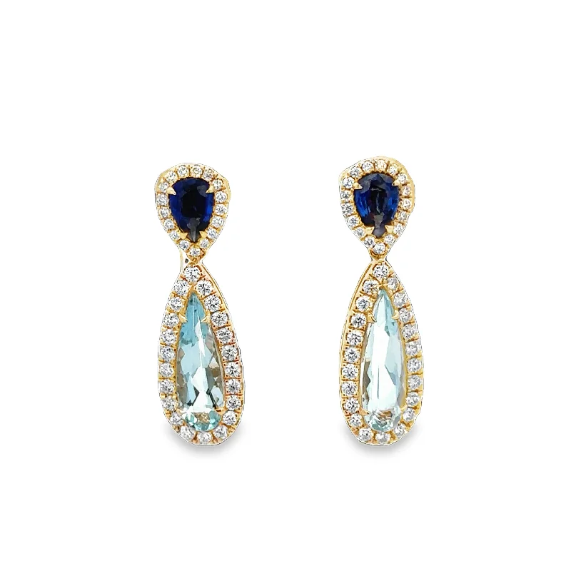 Ladies large hoop earrings-Aquamarine, Sapphire, and Diamond Drop Earrings in Yellow Gold