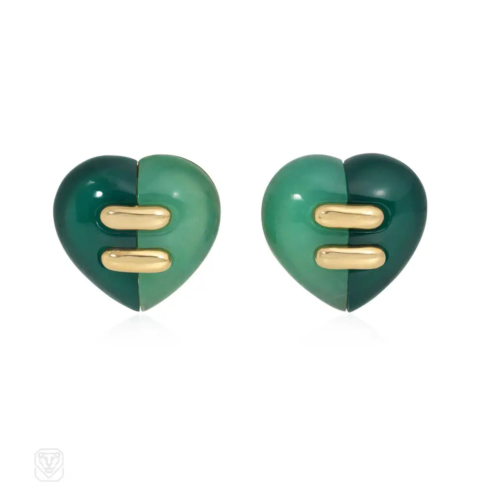 Ladies emerald earrings-Bulgari gold, chrysoprase, and jasper heart earrings