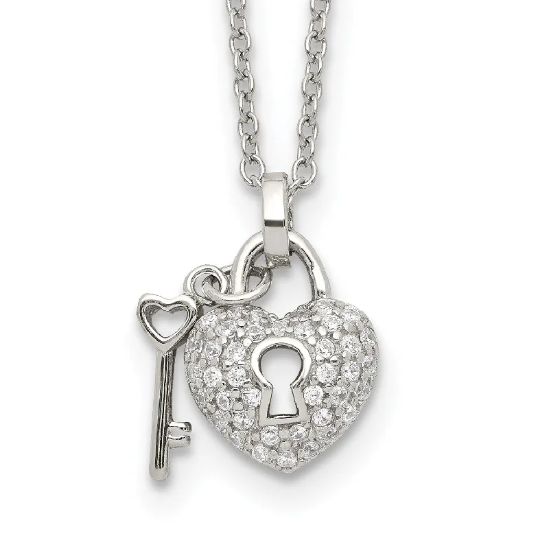 Ladies custom name necklaces-Sterling Silver Cubic Zirconia 16.5-inch Heart Lock and Key Necklace