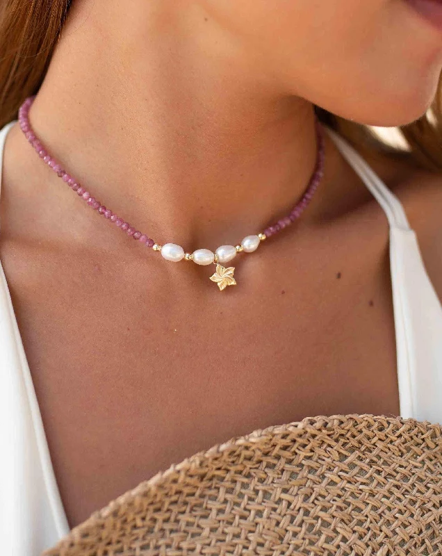 Ladies delicate silver necklaces-Flower Pink Tourmaline and Pearl necklace~ Gold Filled ~ Choker ~ MN099