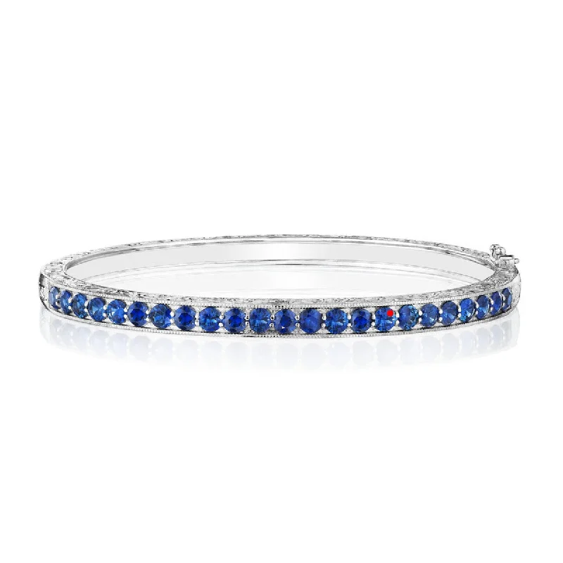 Ladies stackable bracelets-Engraved Blue Sapphire Bangle