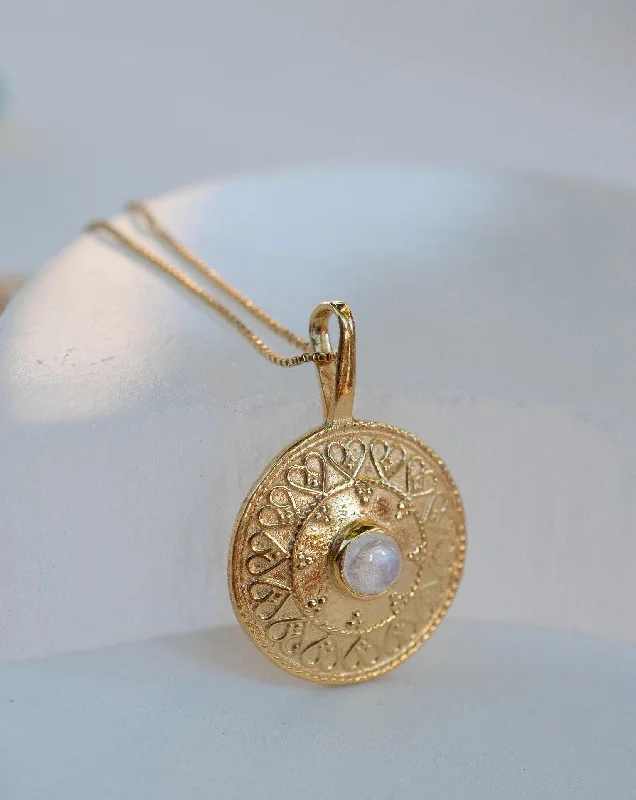 Ladies turquoise necklaces-Moonstone Round Pendant ~ Gold Plated over Sterling Silver ~ MN145