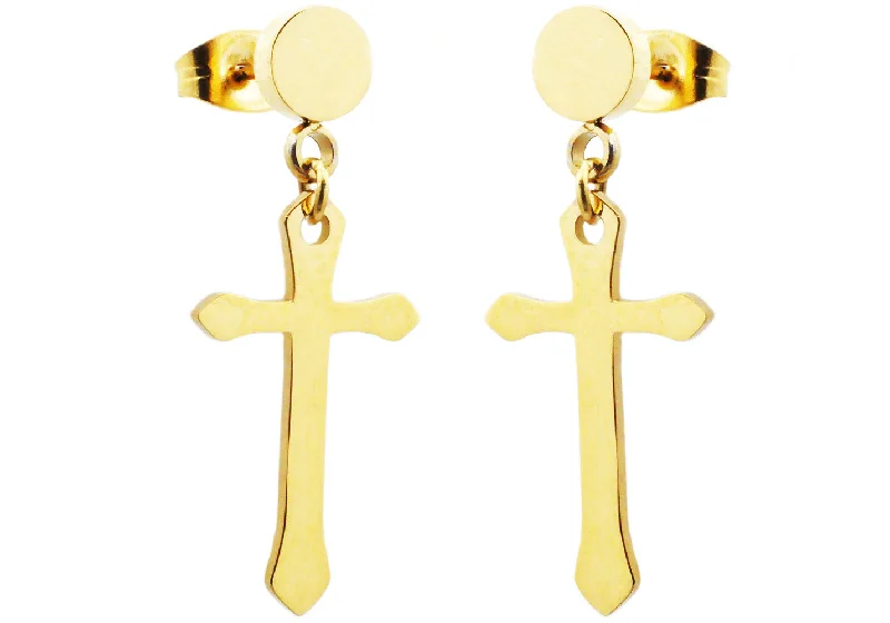 Ladies bold earrings-Mens Gold Stainless Steel Cross Earrings