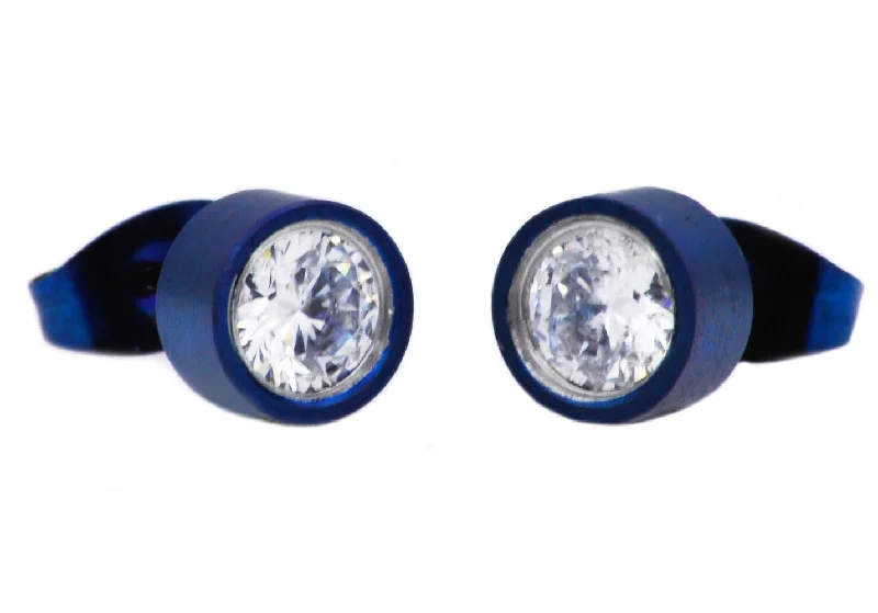 Ladies luxury diamond earrings-Mens 6mm Blue Plated Stainless Steel Stud Earrings With Cubic Zirconia