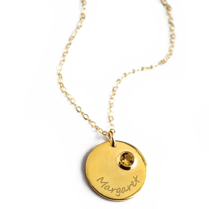 Ladies gold necklaces-November Engraved Disk Pendant Necklace