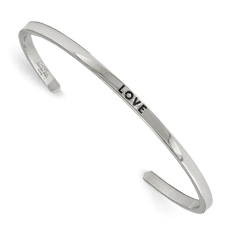 Ladies boho bracelets-Stainless Steel Polished Love CZ 3mm Cuff Bangle