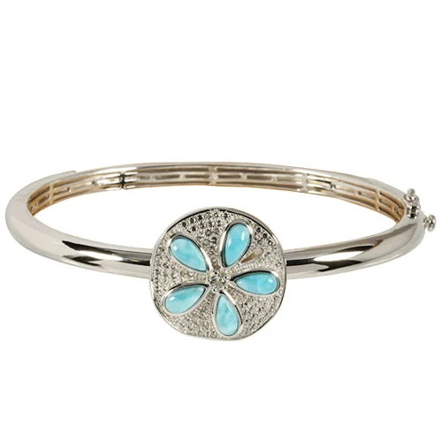 Ladies adjustable bracelets-Sterling Silver Sand Dollar Larimar & CZ Inlaid Bangle