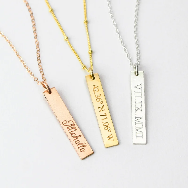 Ladies modern necklaces-Engraved Vertical Bar Pendant Necklace