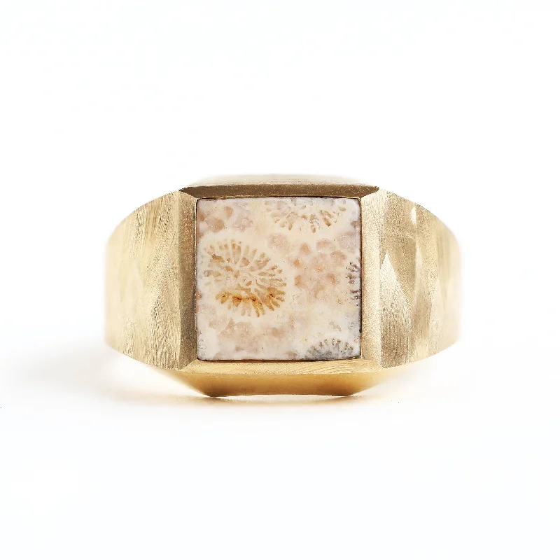 Ladies vintage diamond rings-Keanu signet ring with fossilized coral