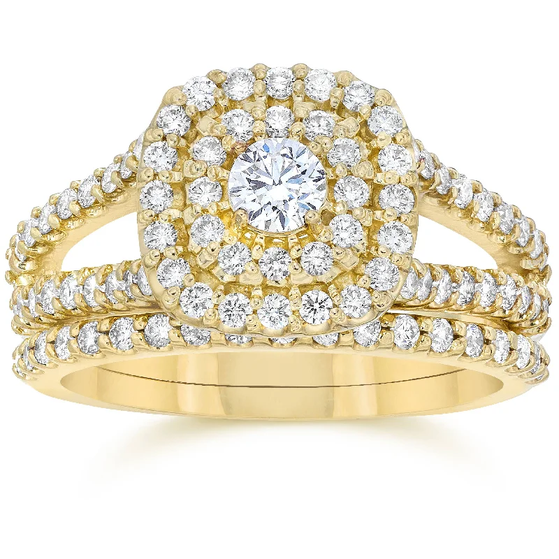 Radiant cut ladies engagement rings-1 1/10CT Cushion Halo Diamond Engagement Wedding Ring Set 10K Yellow Gold