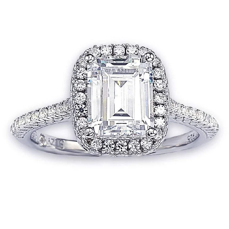 Luxury custom ladies engagement rings-Suzy Levian Bridal Sterling Silver Asscher-cut White Cubic Zirconia Halo Engagement Ring