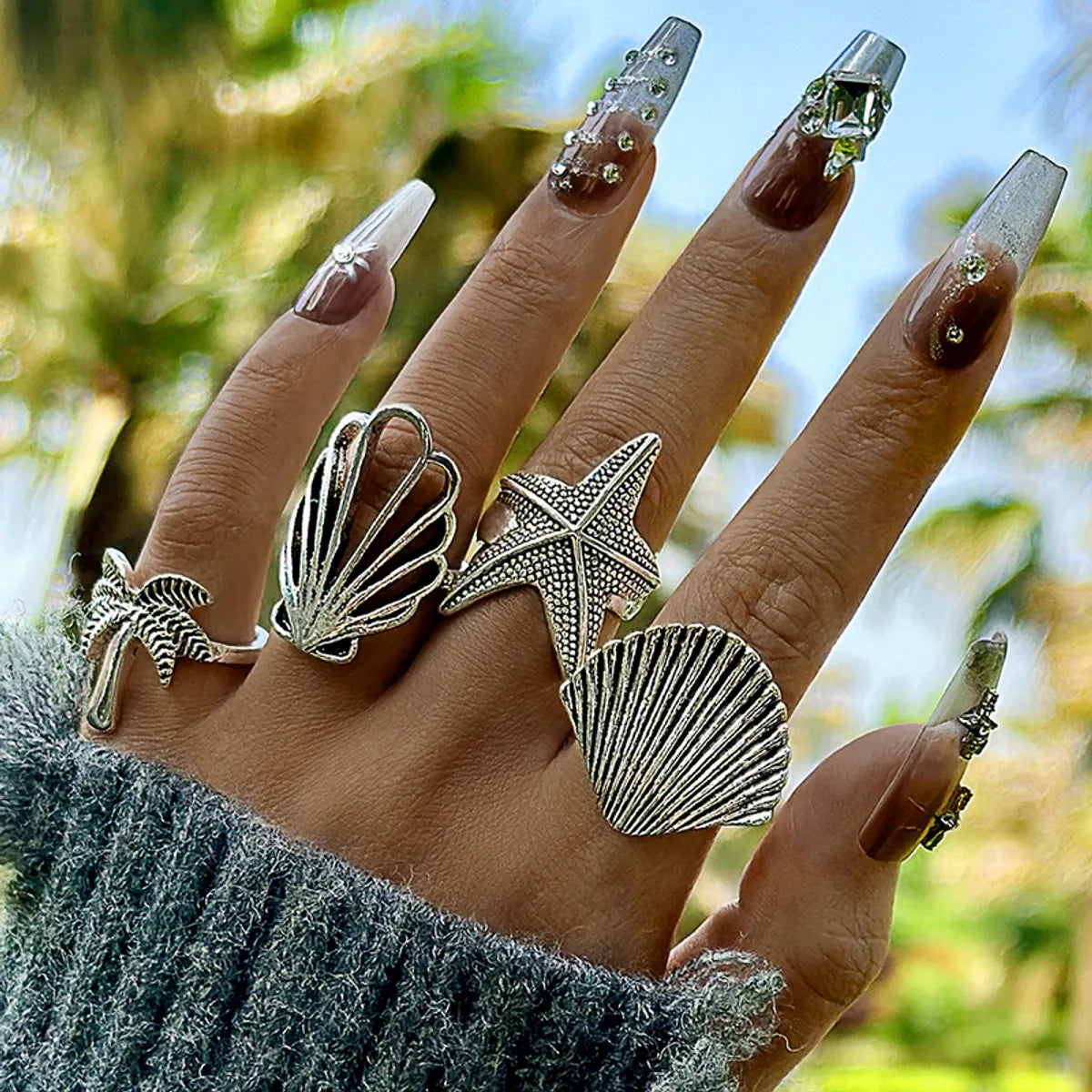 Ladies statement gemstone rings-Hip-Hop Retro Starfish Shell Alloy Women'S Rings