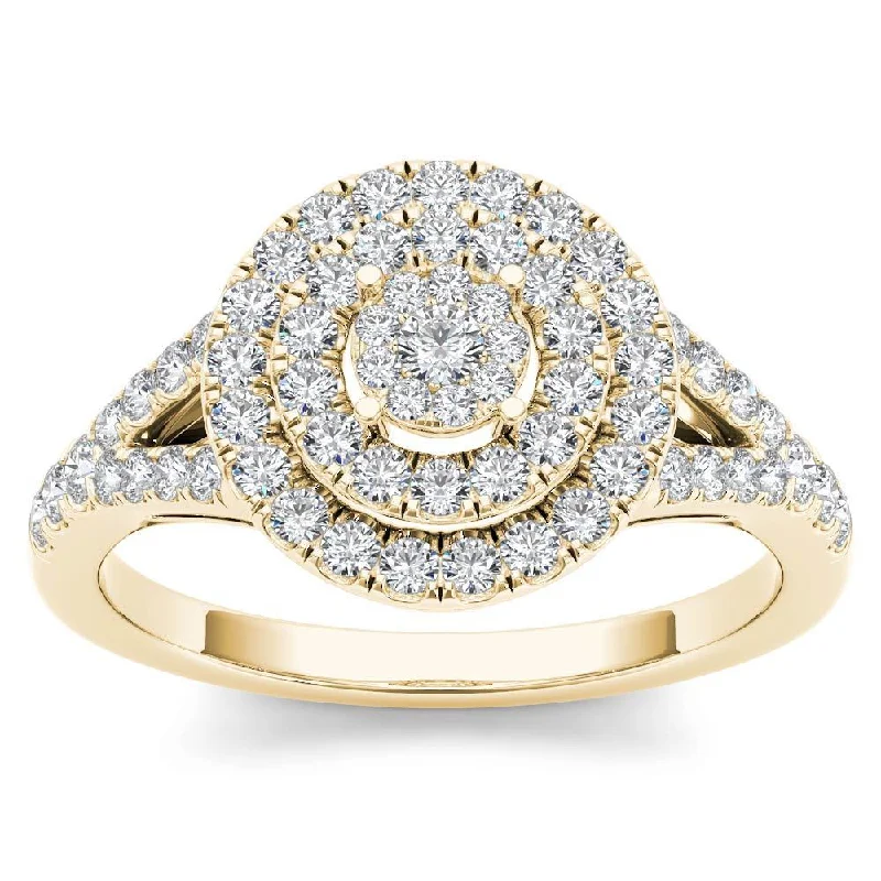 Elegant white gold engagement rings-De Couer 14k Yellow Gold 1/2ct TDW Diamond Cluster Double Frame Engagement Ring