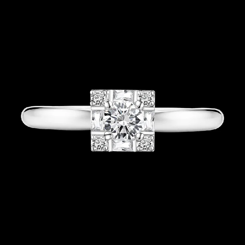 Ladies three-stone rings-A plain band ring featuring a square halo and round center stone Bridal jewelry / B-LINK151R