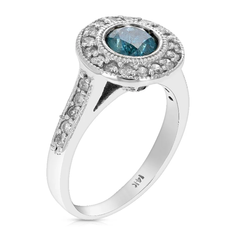 Heart shaped ladies engagement rings-1 cttw Blue Diamond Engagement Ring 14K White Gold Halo Style Round Prong