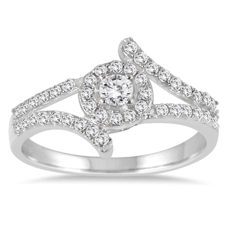 Ladies engagement rings with diamonds-Marquee 10k White Gold 1/2ct TDW Diamond Split Shank Halo Engagement Ring