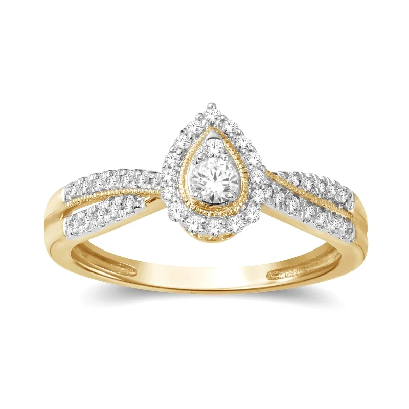 Wedding rings and engagement rings for ladies-De Couer 1/3ct TDW Diamond Pear Shape Halo Engagement Ring in 10k Gold - Yellow