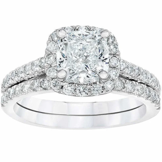 Stackable ladies engagement rings-2.25 cttw Cushion Halo Diamond Engagement Wedding Ring Set 14k White Gold