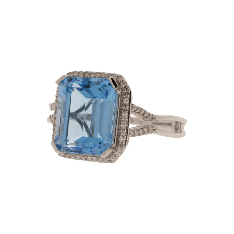 Ladies pearl rings-Swiss Blue Topaz Diamond Halo Ring