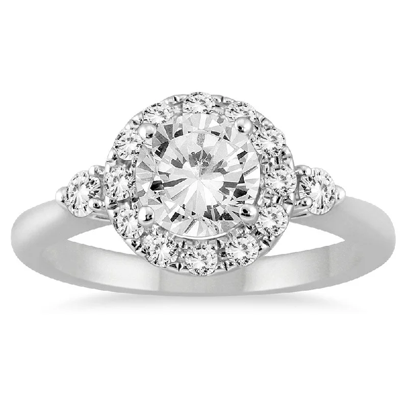 Elegant ladies engagement rings-AGS Certified 1 3/8 Carat TW Diamond Halo Engagement Ring in 14K White Gold (J-K Color, I2-I3 Clarity)