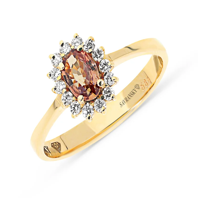 Ladies matching rings-Oval Cut Pinkish Brown Sapphire Flower Shaped Halo Birthstone Ring