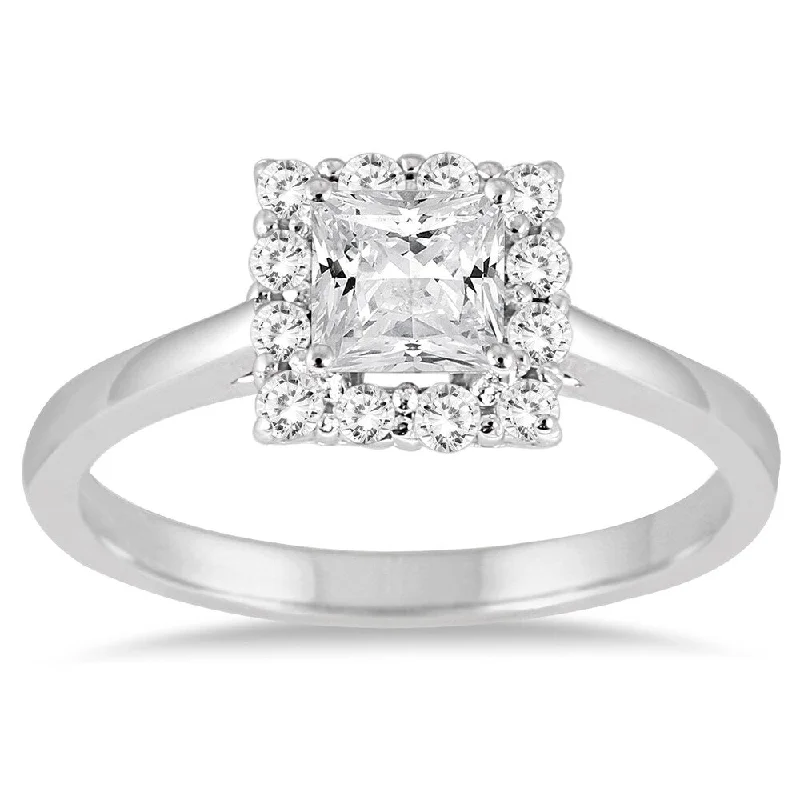 High-end ladies engagement rings-3/4 Carat TW Princess Cut Diamond Halo Engagement Ring in 14K White Gold