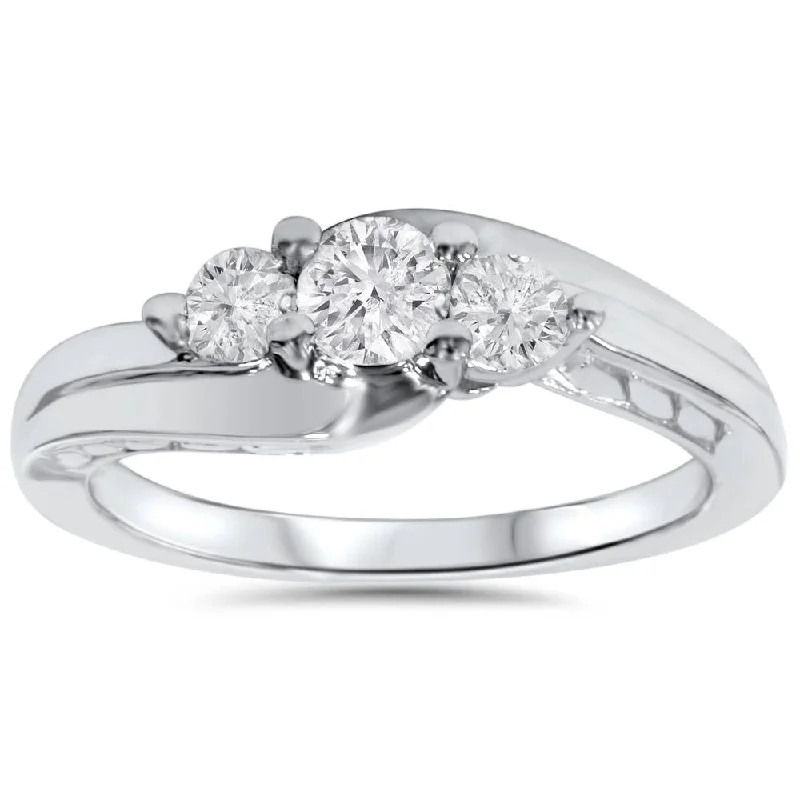 Vintage ladies engagement rings-1/2ct 3 Stone Vintage Diamond Engagement Ring 10K White Gold