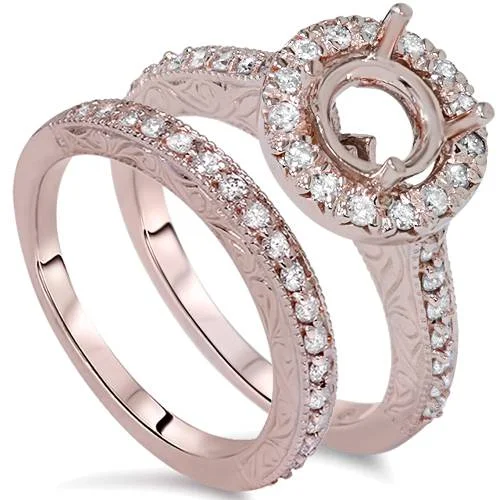 Simple wedding engagement rings for women-1ct Vintage Engagement Wedding Ring Semi Mount Set 14K Rose Gold