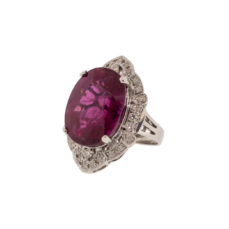 Ladies unique rings-16ct Rubellite Tourmaline & Diamond Halo White Gold Ring