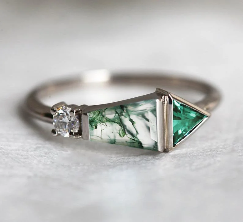 Ladies halo rings-Dita Moss Agate Trapezoid Ring