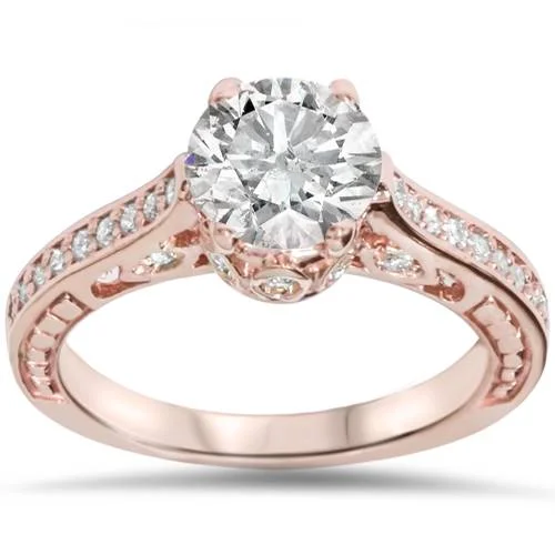 Rose gold ladies engagement rings-1 1/4ct Vintage Rose Gold Diamond (1ct center) Enhanced Deco Engagement Ring 14K