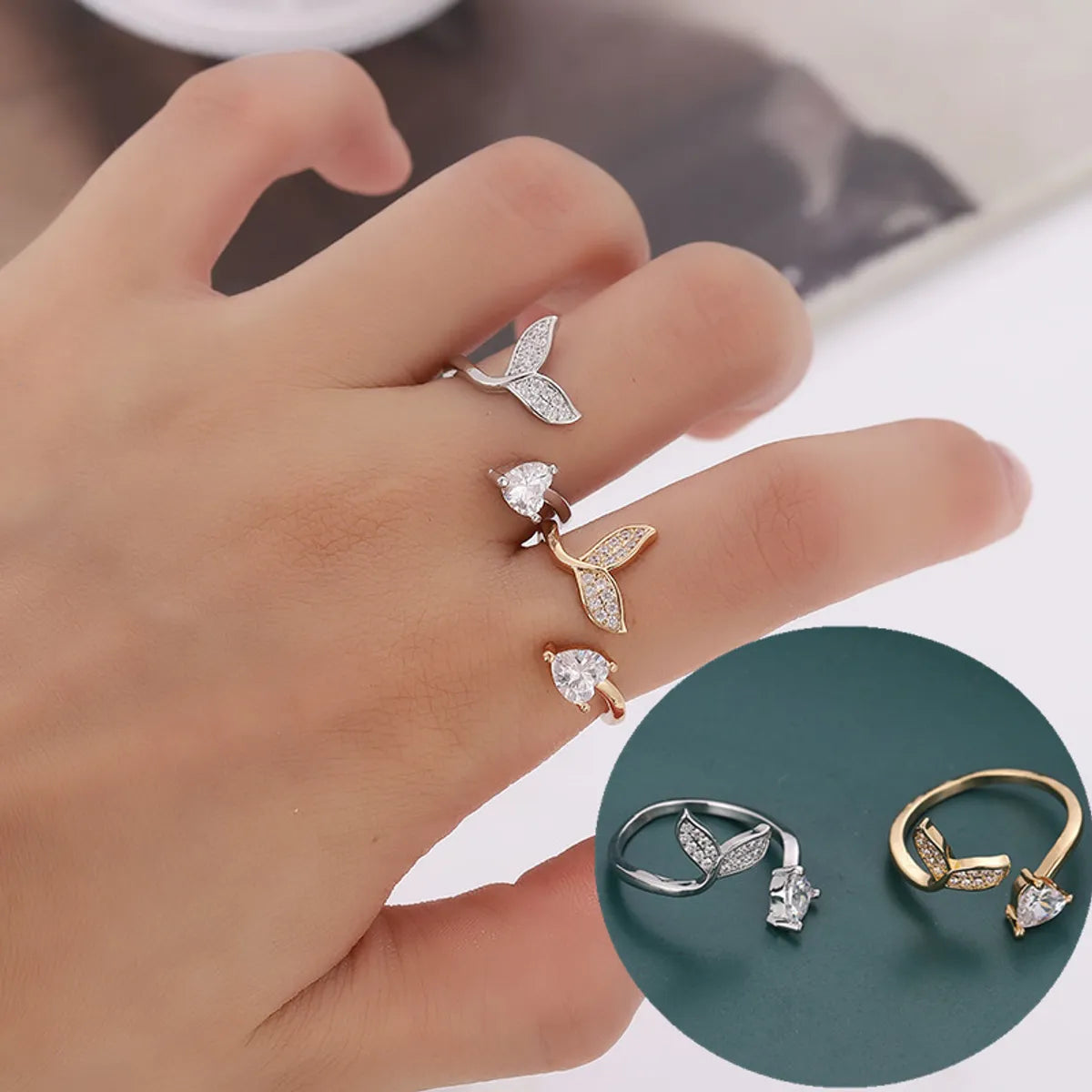 Ladies adjustable stackable rings-Simple Style Fish Tail Copper Plating Inlay Artificial Gemstones Open Rings