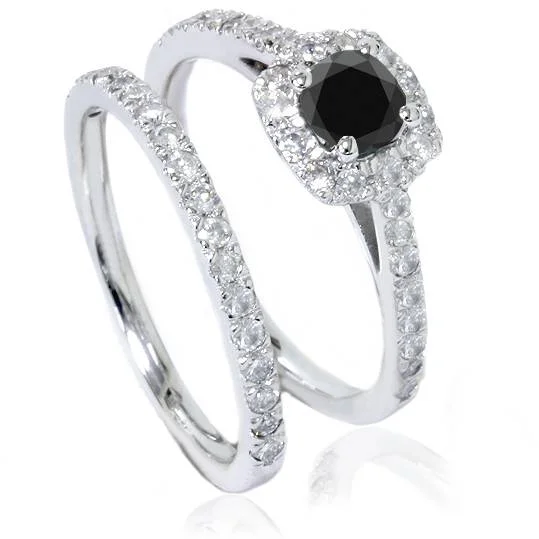 Affordable ladies engagement rings-7/8ct Cushion Halo Black Diamond Engagement Ring Set 14K White Gold