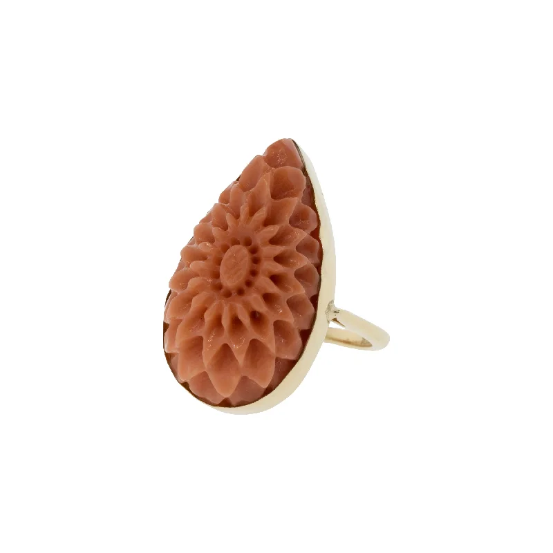 Ladies rose gold rings-Carved Floral Antique Coral Ring