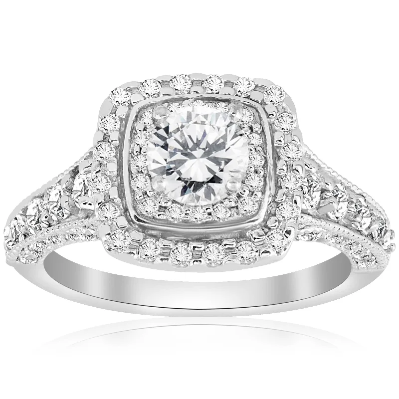 Large diamond ladies engagement rings-1 1/2ct Double Halo Cushion Vintage Diamond Engagement Ring 14K White Gold