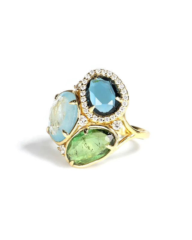 Ladies unique rings-Blue and Green Cluster Aqua & Topaz Ring