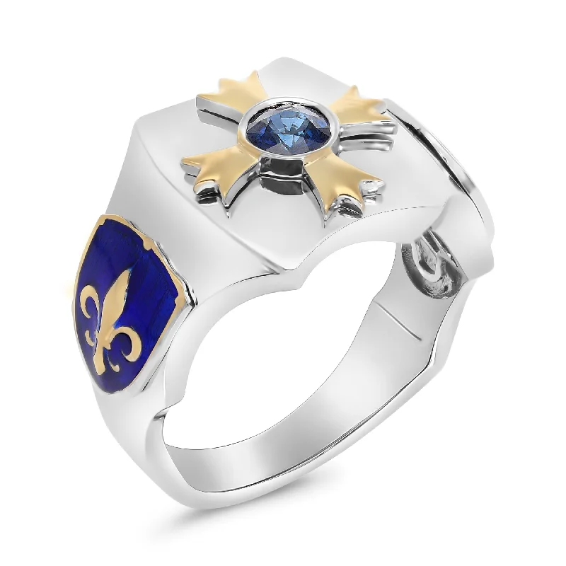 Ladies birthstone rings-Blue Sapphire Knights Fleur De Lis Signet Ring -.6 Carat