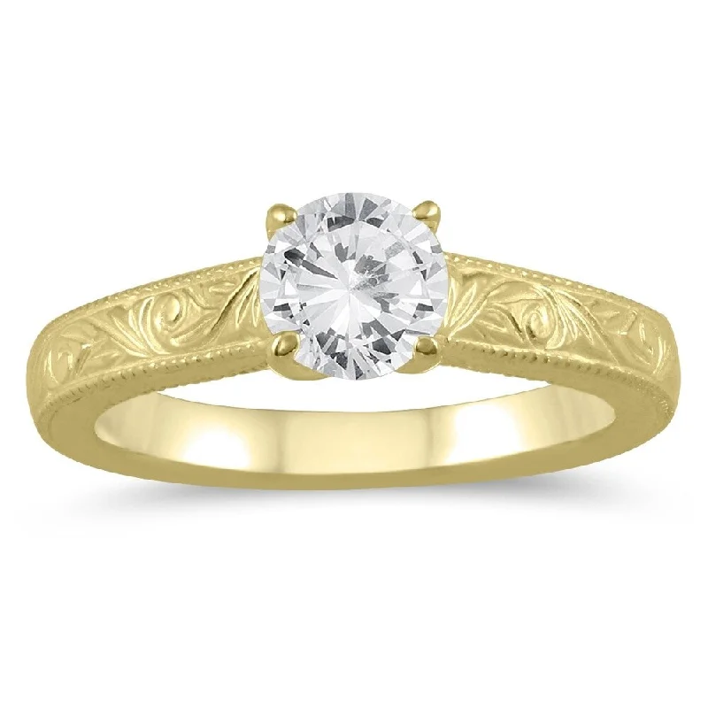 White gold ladies engagement rings-1/2 Carat Diamond Solitaire Engraved Engagement Ring in 10K Yellow Gold