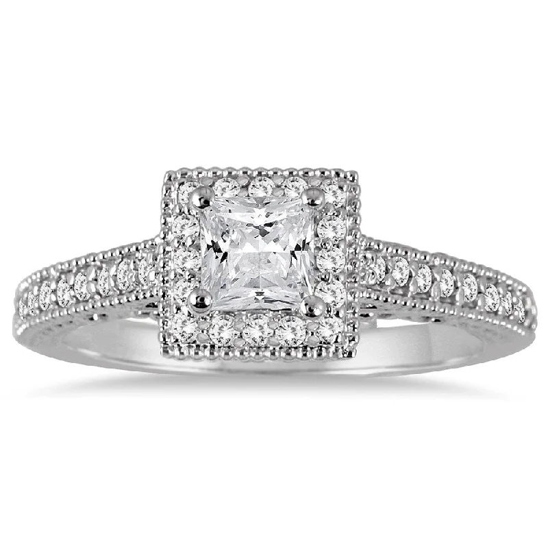 Yellow gold ladies engagement rings-3/4 Carat TW Princess Antique Deco Diamond Halo Engagement Ring in 14K White Gold