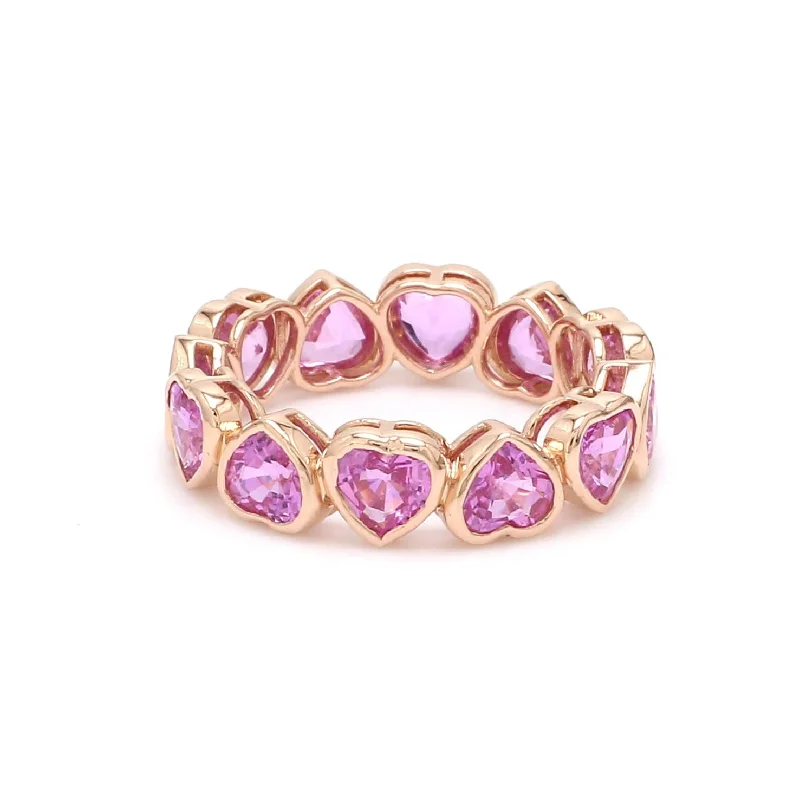 Ladies custom rings-14K & 18K Gold Pink Sapphire Heart Eternity Band, Bezel Set