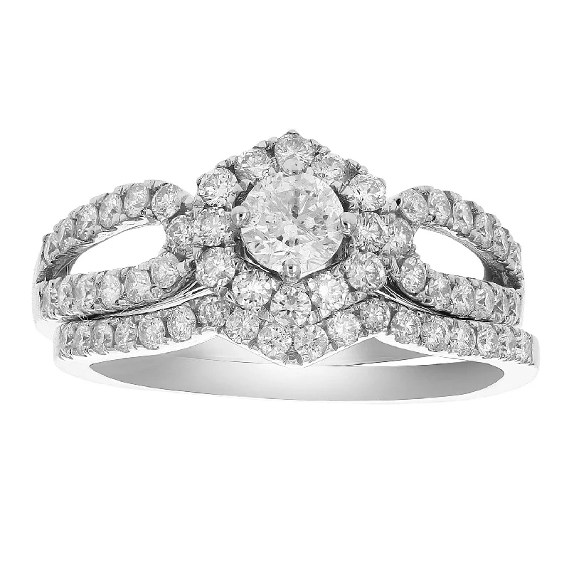 Modern ladies engagement rings-1 cttw Diamond Halo Hexagon Wedding Engagement Ring Set 14K White Gold Bridal