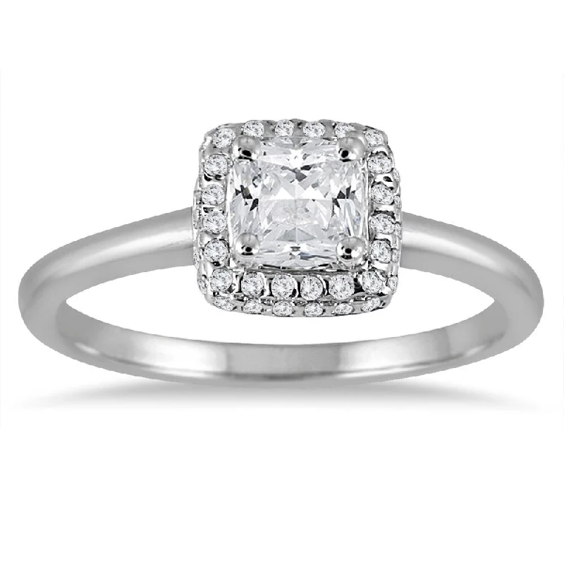 Budget-friendly ladies engagement rings-3/4 Carat TW Cushion Diamond Halo Engagement Ring in 14K White Gold