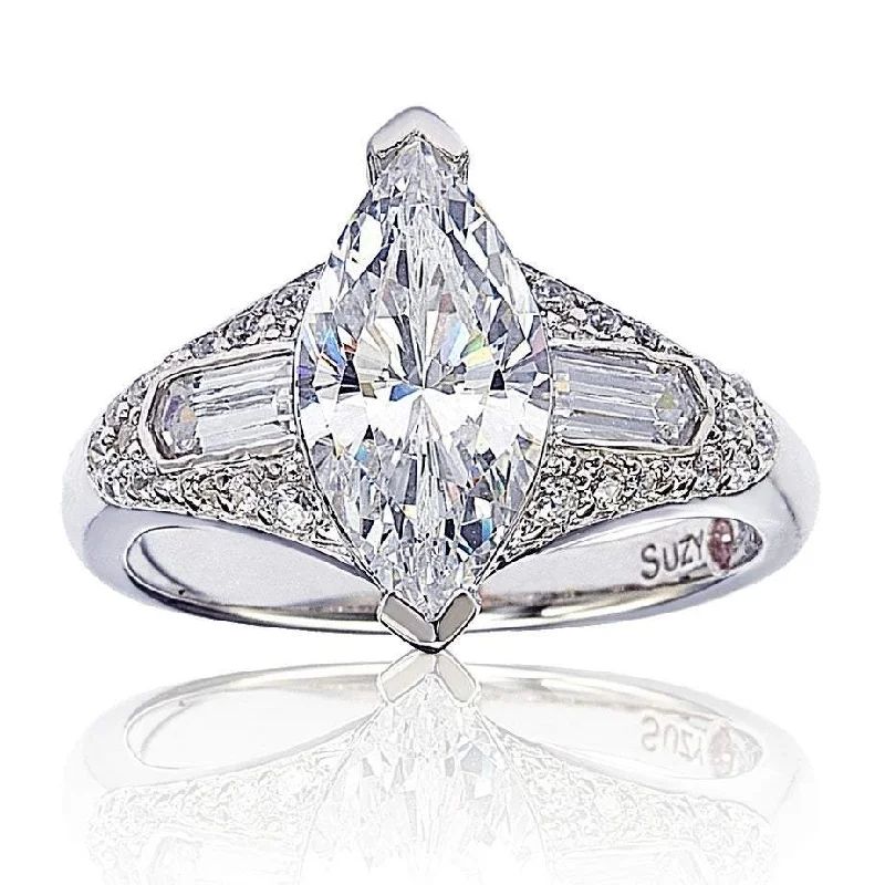 Fancy colored diamond engagement rings-Suzy Levian Sterling Silver Marquise Cubic Zirconia Engagement Ring